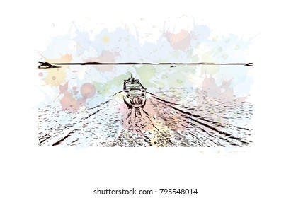 Seattle Panorama, Watercolor splash with Hand Drawn Outline Artwork, Vector Sketch.