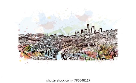 Seattle Panorama, Watercolor splash with Hand Drawn Outline Artwork, Vector Sketch.