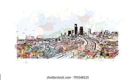 Seattle Panorama, Watercolor splash with Hand Drawn Outline Artwork, Vector Sketch.