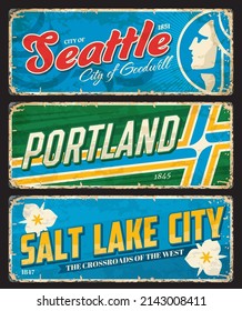 Seattle, Portland and Salt Lake City american cities plates and travel stickers. United States of America city vintage grungy tin signs, USA travel vector plate or banner with seals and flags symbols