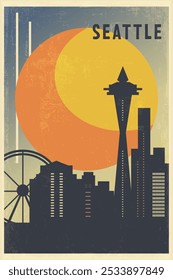 Seattle Retro-Stadtplakat mit abstrakten Formen der Skyline, Gebäude. USA, Washington State Vintage Reise Vektorgrafik, Stadtlandschaft bei Sonnenaufgang, Sonnenuntergang