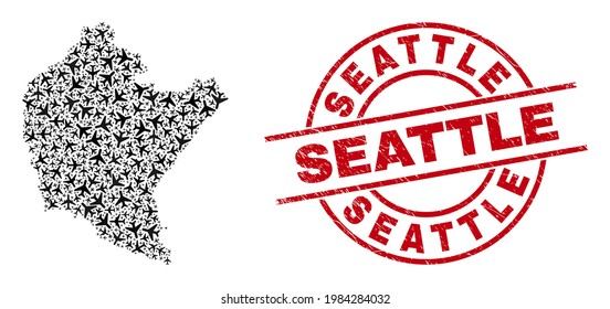 Seattle scratched badge, and Podkarpackie Voivodeship map collage of airliner items. Collage Podkarpackie Voivodeship map constructed with jet vehicles. Red badge with Seattle word,