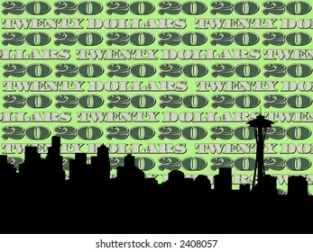 Seattle skyline against twenty dollar bill