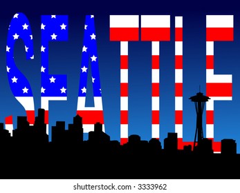 Seattle skyline and American Flag stars and stripes illustration