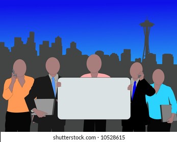 Seattle skyline and business team with blank sign for text
