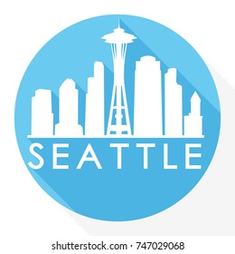 Seattle Skyline Button Icon Round Flat Vector Art Design Color Background Frame.