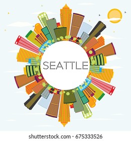 Seattle Skyline with Color Buildings and Copy Space. Vector Illustration. Business Travel and Tourism Concept with Modern Architecture. Image for Presentation Banner Placard and Web Site.
