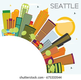 Seattle Skyline with Color Buildings and Copy Space. Vector Illustration. Business Travel and Tourism Concept with Modern Architecture. Image for Presentation Banner Placard and Web Site.