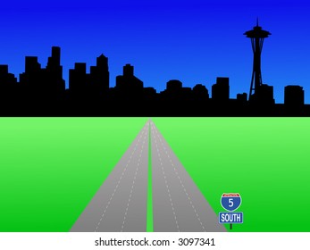 Seattle skyline and deserted interstate 5 illustration