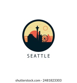 Seattle skyline, downtown panorama logo, logotype. USA, Washington state round badge contour, isolated vector vintage pictogram with monuments, landmarks