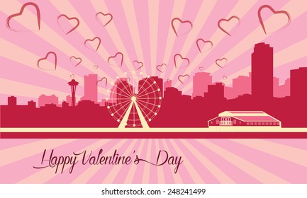 Seattle skyline with great wheel, Valentine's day card, rays on the background