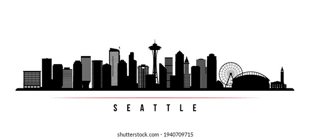Seattle skyline horizontal banner. Black and white silhouette of Los Angeles, California. Vector template for your design. 
