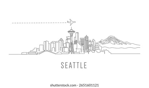 Seattle Skyline Line Art com Avião, e Monte Rainier.