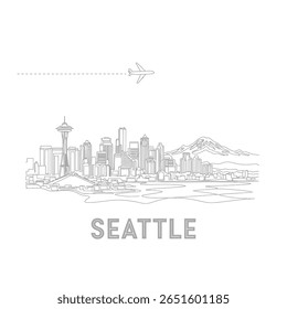 Seattle Skyline Line Art with Airplane, and Travel USA.