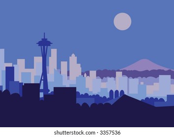 Seattle skyline and Mt Rainer against moonlit sky.