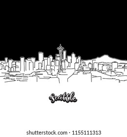 Seattle skyline, outline. Vector drawing of skyline, outline, USA. Black and white illustration concept.