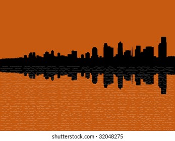 Seattle skyline reflected at sunset illustration