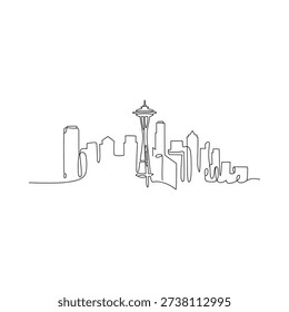 Seattle skyline rendered as a continuous line drawing in monochrome