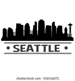 Seattle Skyline Silhouette. Cityscape Vector Famous Buildings Clip Art Design. 