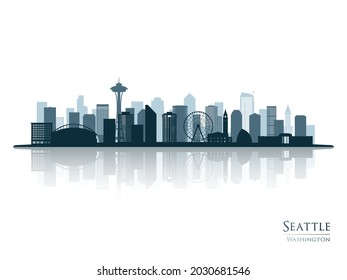 Seattle skyline silhouette with reflection. Landscape Seattle, Washington. Vector illustration.