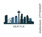 Seattle skyline silhouette with space needle and great wheel dark blue