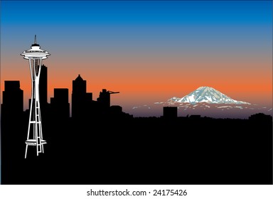 Seattle Skyline Silhouette With Space Needle And Mt. Rainier Set Against A Beautiful Blue And Orange Sky In The Vector Illustration Captured From The Famous Queen Anne Location.