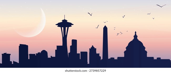  Seattle skyline silhouette at sunset with Space Needle and city landmarks, crescent moon and birds, soft pastel gradient sky, modern flat travel illustration.