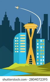 Seattle Skyline with Space Needle and Airplane