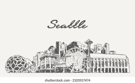 Seattle skyline, Washington, USA, hand drawn vector illustration, sketch