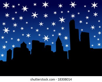 seattle skyline in winter with falling snow illustration