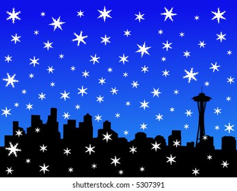 Skyline Seattle en invierno con nieve en caída