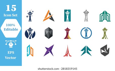 Seattle space needle landmark logo and architecture icons with spaceneedle