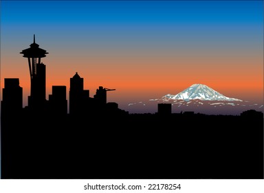 Seattle Space Needle And Mt. Rainier Sunset Silhouette  Scenic View  Vector Illustration. This Is A Class Scenic View From Queen Anne.