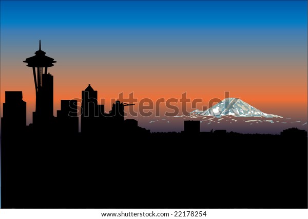 Seattle Space Needle Mt Rainier Sunset Stock Vector (Royalty Free) 22178254