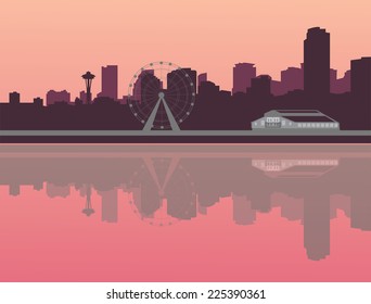 Seattle Sunset Silhouette Skyline With Ferris Wheel