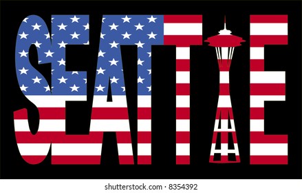 Seattle Text With Space Needle And American Flag Illustration