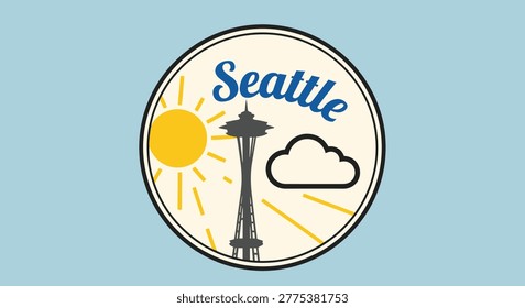 Seattle travel emblem featuring the Space Needle silhouette with a sun and cloud, perfect for souvenir design or Pacific Northwest tourism promotion.