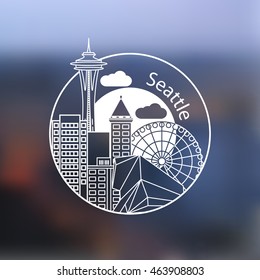 Seattle USA detailed one line stamp . Trendy vector illustration, Linear landmarks.