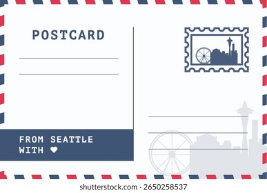 De Seattle, EUA modelo de cartão postal. Ilustração de cartão-postal vetorial com carimbo, ponto de referência, mensagem. Layout de imagem simples de saudações simples