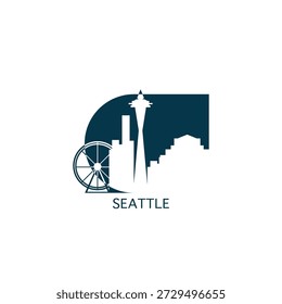 Seattle vector icon with skyline, panoramic view, city shape. USA, Washington state landmarks logo concept. Blue flat isolated graphic, badge