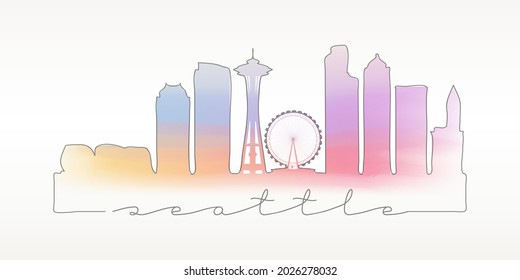 Seattle, WA, USA Skyline Watercolor City Illustration. Famous Buildings Silhouette Hand Drawn Doodle Art. Vector Landmark Sketch Drawing.