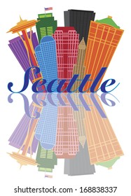 Seattle Washington Abstract Downtown City Skyline with Reflection Isolated on White Background Vector Illustration