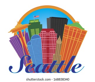 Seattle Washington Abstract Downtown City Skyline in Circle Isolated on White Background Vector Illustration