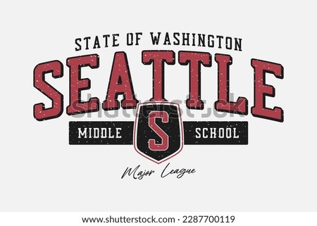 Seattle, Washington middle school shield t-shirt design. College or university style tee shirt with shield. Seattle vintage sport apparel print with grunge. Vector.