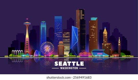 Seattle Washington night skyline. Vector illustration. Dark background with city panorama. Travel or business picture.