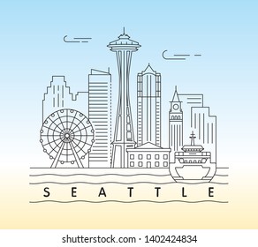 Seattle, Washington skyline linear minimal vector illustration and typography design 