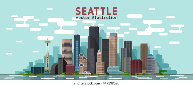 Seattle Washington skyline vector illustration. Background with city panorama. Travel picture.