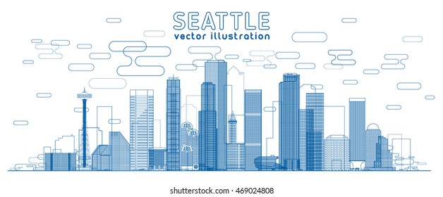 Seattle Washington skyline vector lines illustration. Background with city panorama. Travel picture.