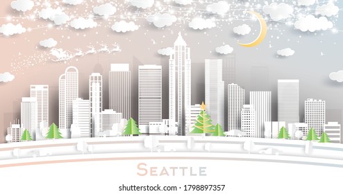 Seattle Washington USA City Skyline in Paper Cut Style with Snowflakes, Moon and Neon Garland. Vector Illustration. Christmas and New Year Concept. Santa Claus on Sleigh.