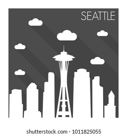 Seattle Washington USA Flat Icon Skyline Silhouette Design City Vector Art Famous Buildings Monochrome Background Clouds Sky